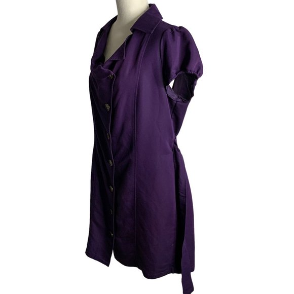 Limited Button Up Shift Dress 12 Purple Tie Belt Short Sleeve Collar Knee Length - Picture 4 of 7